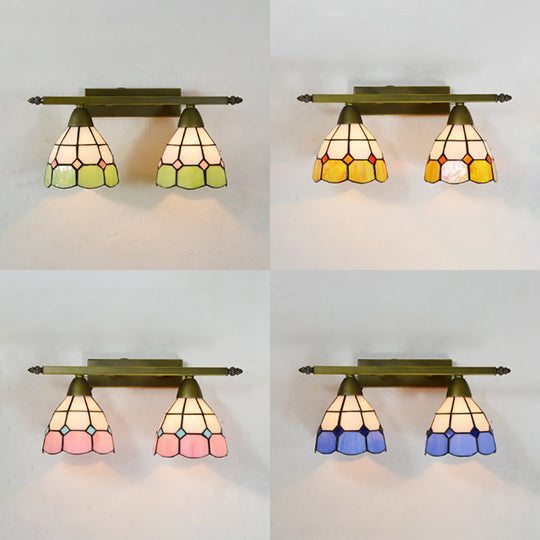 Tiffany Style Stained Glass Wall Sconce Light With Domed Design - 2 Heads In Yellow/Pink/Green/Blue