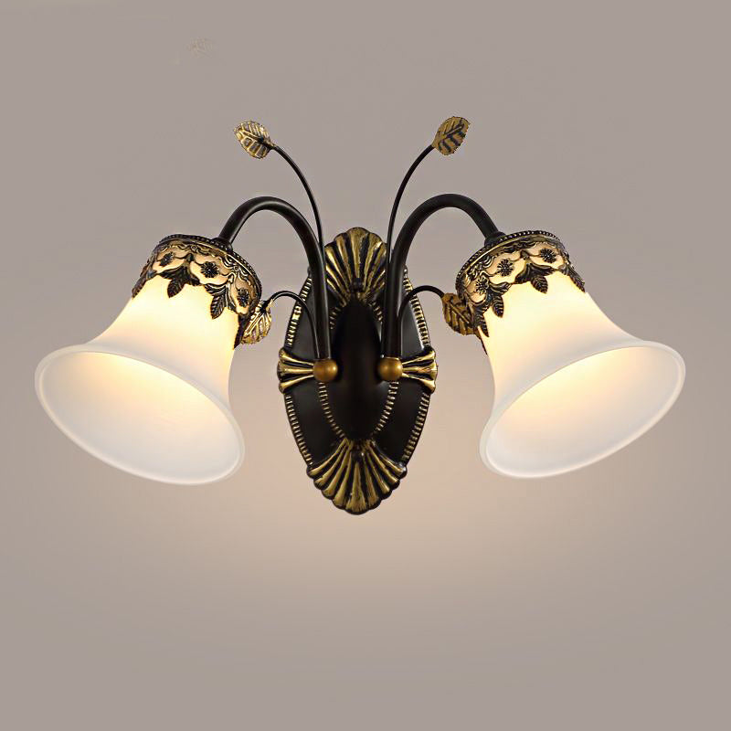 Vintage Frosted Glass Wall Sconce With Curved Arm - Black Bell 1/2-Light Fixture For Foyer 2 /