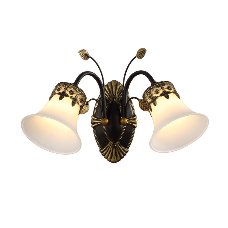 Vintage Frosted Glass Wall Sconce With Curved Arm - Black Bell 1/2-Light Fixture For Foyer