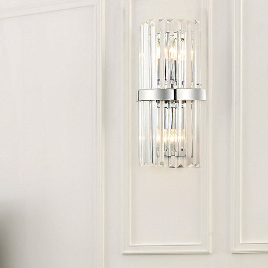 Clear Crystal Cylinder Wall Sconce In Chrome - Contemporary 2 Light Bedroom Lighting Fixture