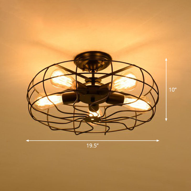 Vintage Black Iron Semi Flush Ceiling Light With Radial Shape And Cage - Ideal For Restaurants / B