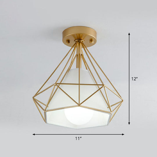 Sleek Iron Diamond Cage Semi Flush Ceiling Light Fixture – Ideal For Corridors And Simplicity -