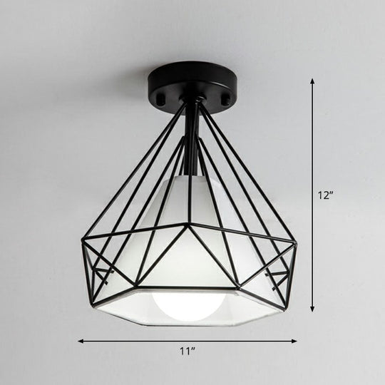 Sleek Iron Diamond Cage Semi Flush Ceiling Light Fixture – Ideal For Corridors And Simplicity -