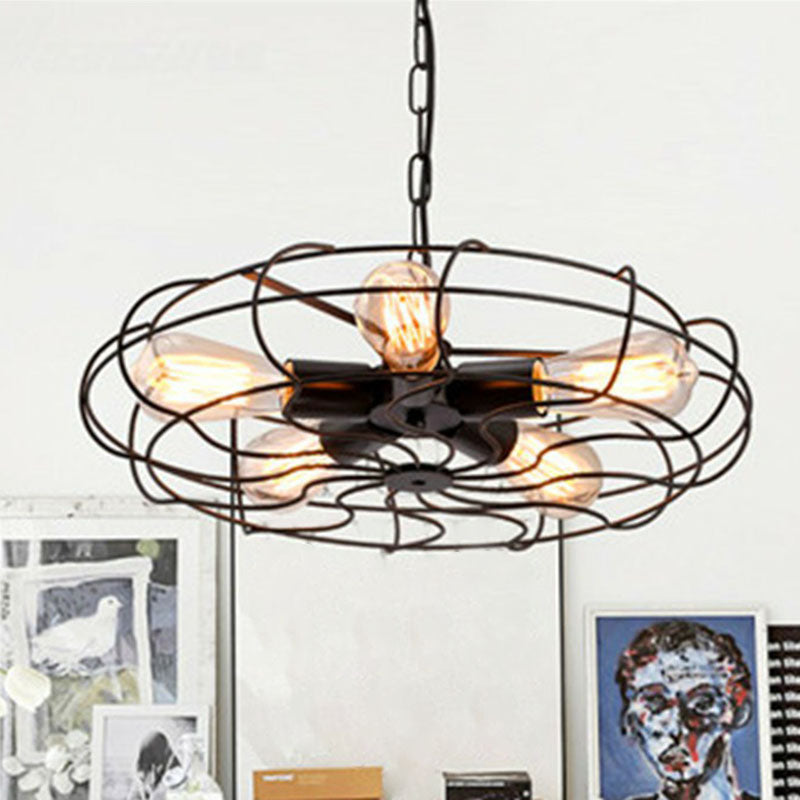 Vintage Iron Pendant Light With 5 Hanging Heads In Black