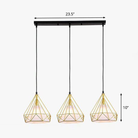 Industrial Diamond Cage Multi-Light Pendant - 3 Heads Iron Hanging Lighting For Dining Room Gold /
