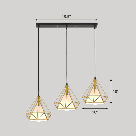 Simplicity Diamond Frame Iron Ceiling Light With 3 Multi Bulbs For Restaurant Gold / Linear