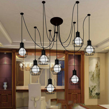 Spider Iron Pendant With Grenade Cage - Industrial Hanging Lighting For Restaurants Black 8-Bulb