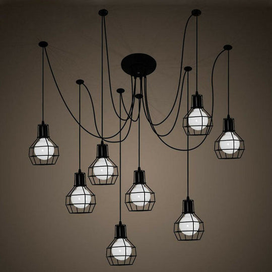 Black Spider Iron Multi-Light Pendant Industrial Lighting With Grenade Cage For Restaurants - 8