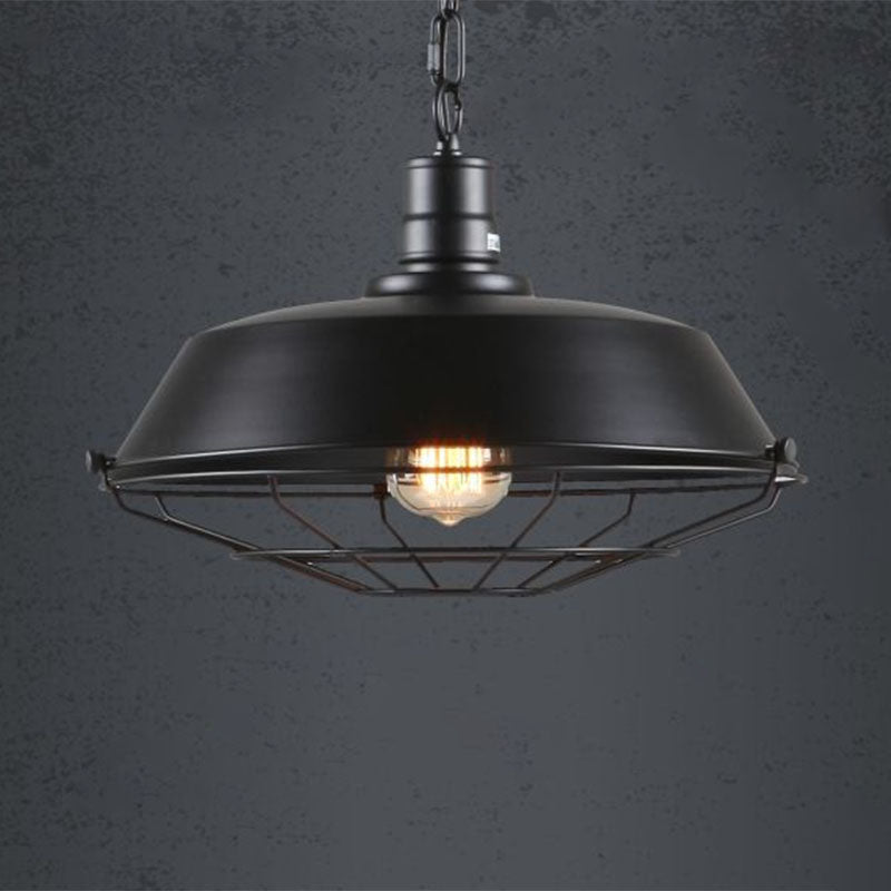 Vintage Industrial Hanging Lamp - Iron Lighting Pendant With Cage Bottom In Black