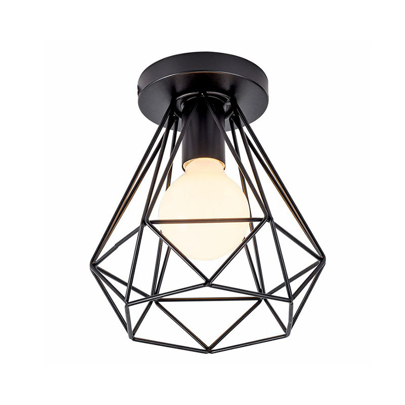 Black Geometric Semi - Flush Mount Ceiling Light With Metallic Antique Finish And Single Bulb For