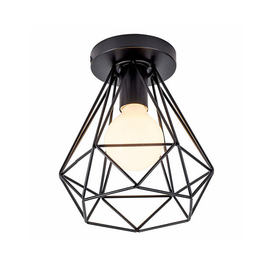 Black Geometric Semi - Flush Mount Ceiling Light With Metallic Antique Finish And Single Bulb For