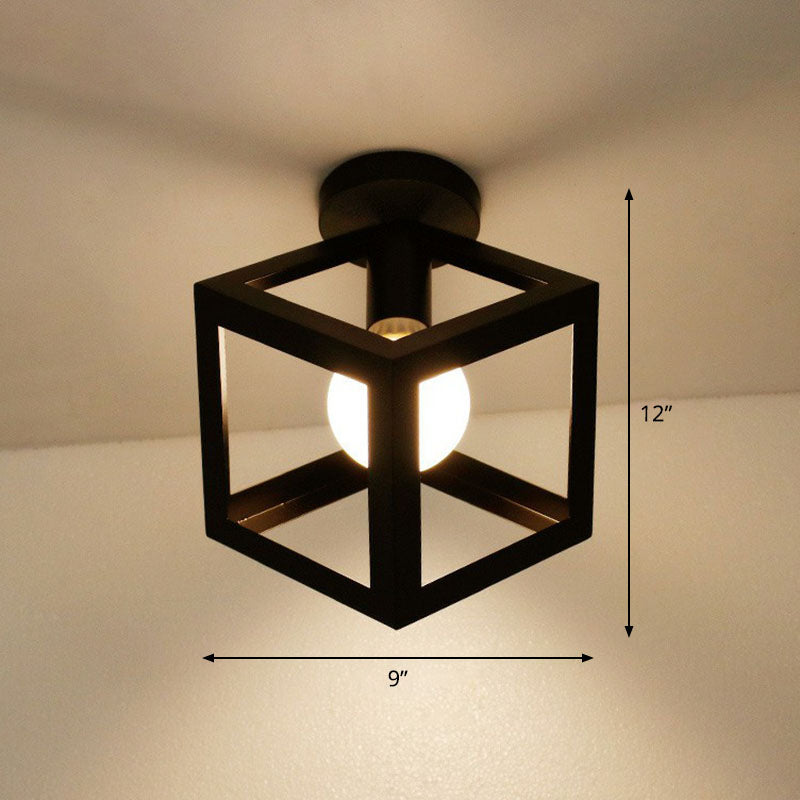 Black Geometric Semi - Flush Mount Ceiling Light With Metallic Antique Finish And Single Bulb For