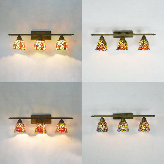 Tiffany Rustic Bell Wall Sconce Lamp: Stained Glass Bathroom Lighting With 3 Pink/Red/Orange/Purple