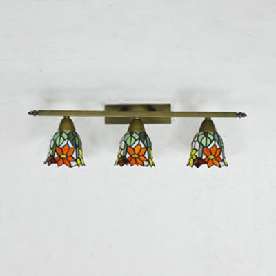Tiffany Rustic Bell Wall Sconce Lamp: Stained Glass Bathroom Lighting With 3 Pink/Red/Orange/Purple