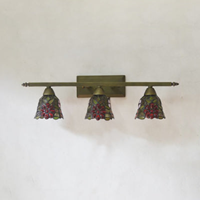 Tiffany Rustic Bell Wall Sconce Lamp: Stained Glass Bathroom Lighting With 3 Pink/Red/Orange/Purple