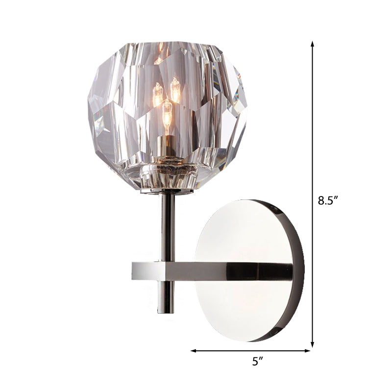 Crystal Faceted Wall Mount Lamp With Chrome Finish And Global Shade- Modern Style 1 Bulb