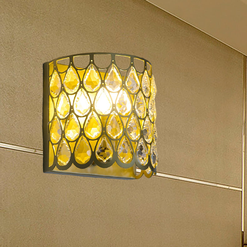 Minimalist Silver/Brass Half-Cylinder Wall Light Sconce - Clear Crystal Teardrop 1 Metal Lamp Brass