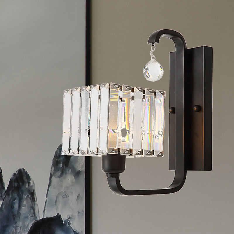 Modern Black/Gold Wall Sconce With Crystal Shade - Indoor Cubic Light Fixture
