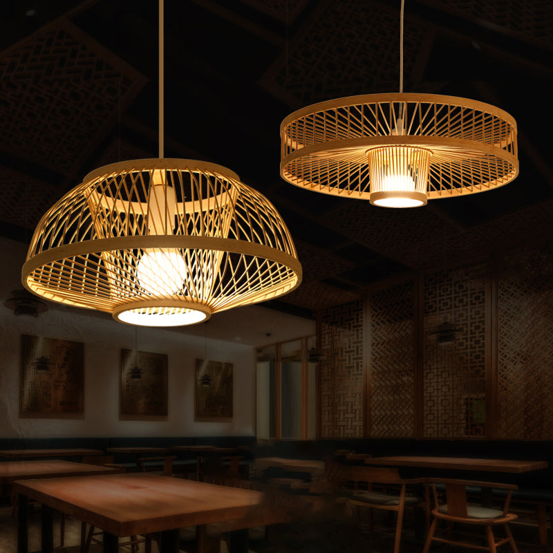 Minimalist Bamboo Woven Hanging Lamp For Restaurants - 1 Bulb Wood Suspension Lighting