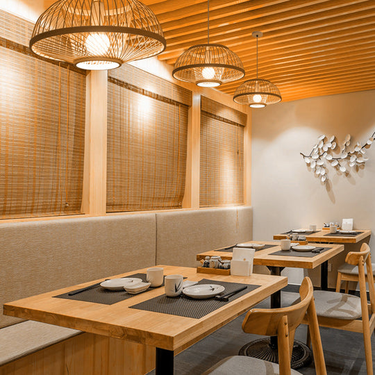 Minimalist Bamboo Woven Hanging Lamp For Restaurants - 1 Bulb Wood Suspension Lighting