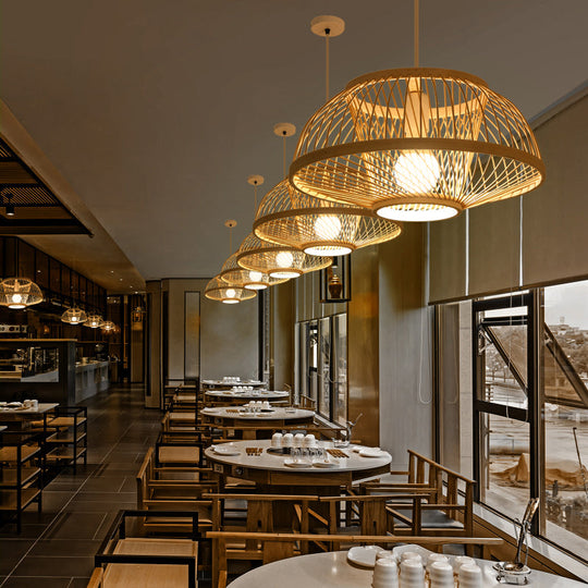 Minimalist Bamboo Woven Hanging Lamp For Restaurants - 1 Bulb Wood Suspension Lighting