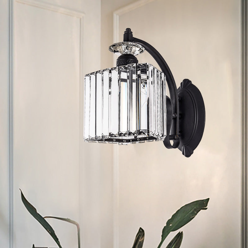 Modern Trapezoid Crystal Wall Light With Curved Arm For Living Room - Black Sconce Lamp