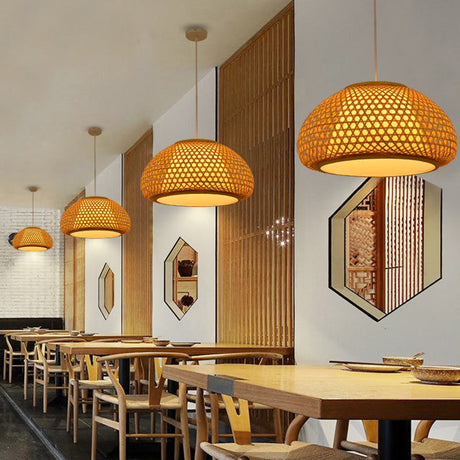 Sleek Handwoven Wood Suspension Light - Minimalist Rattan Pendant Ceiling Lamp / A