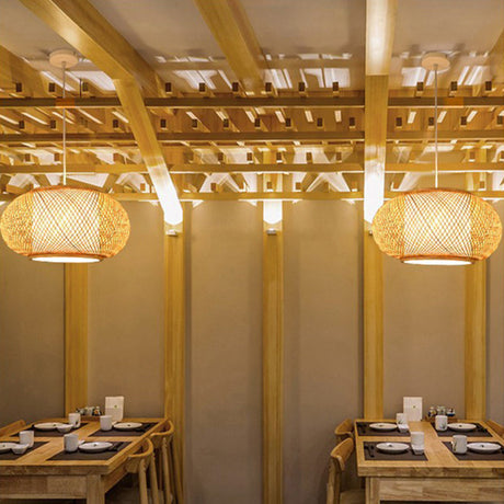 Sleek Handwoven Wood Suspension Light - Minimalist Rattan Pendant Ceiling Lamp / K