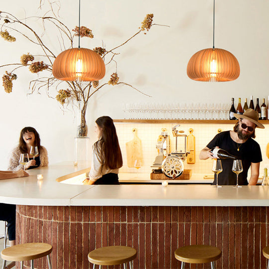 1 Asian Style Wooden Dome Ceiling Light Fixture For Restaurants With Hanging Bulb