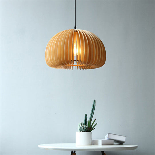 1 Asian Style Wooden Dome Ceiling Light Fixture For Restaurants With Hanging Bulb