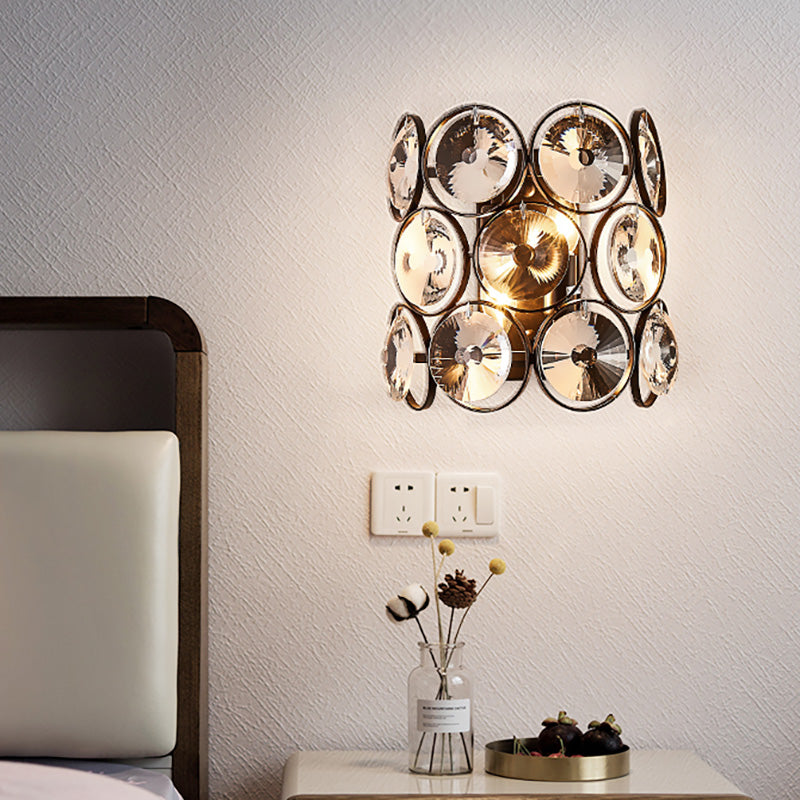 Modern Circles Wall Mount Light With Clear Crystal And Metal Detailing - Black Finish 2-Bulb Bedroom