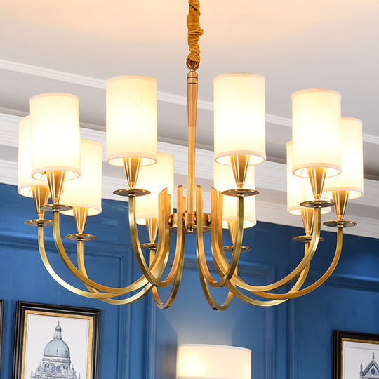 Sleek Cylinder Fabric Chandelier In Brass - Minimalist Living Room Pendant Fixture
