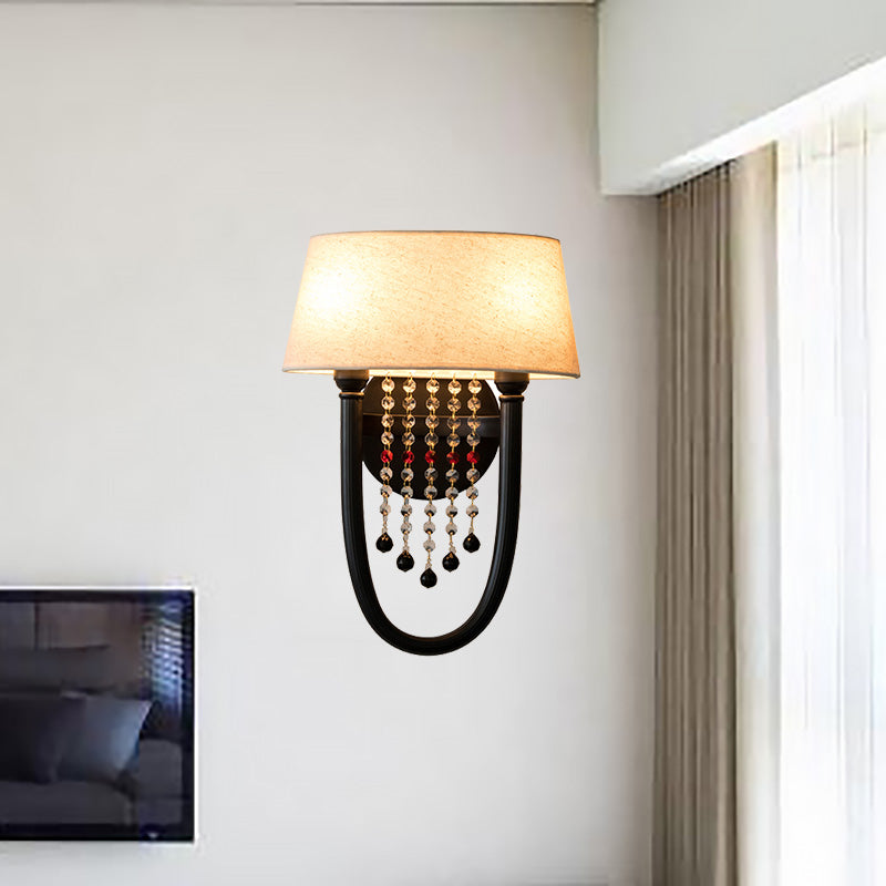 Drum Wall Sconce: Lodge Style Fabric Lamp With Crystal Bead Detail 2 Bulbs And U-Shaped Arm In Black