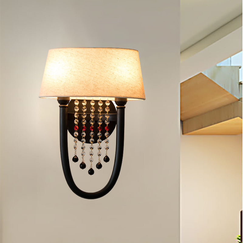 Drum Wall Sconce: Lodge Style Fabric Lamp With Crystal Bead Detail 2 Bulbs And U-Shaped Arm In Black