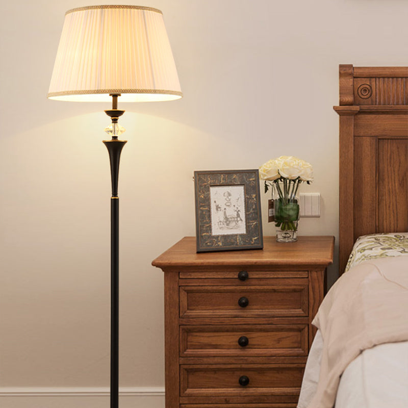 Traditional White Bucket Pleated Fabric Floor Lamp Stand Up Lighting For Living Room