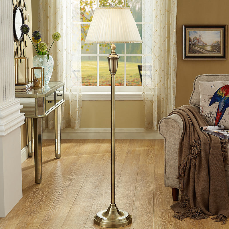 Vintage Beige Pleated Fabric Floor Lamp: Single-Bulb Empire Shade For Living Room