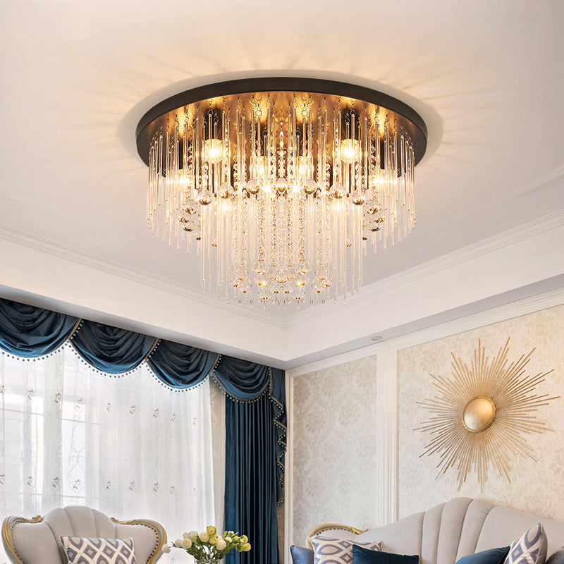 Modernist Black Tiered Flush Ceiling Light: 19.5’/23.5’ Dia 8-Light Crystal Lamp