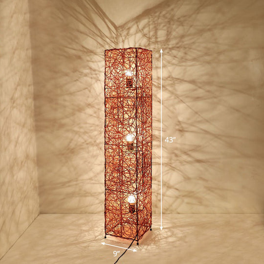 Handcrafted Asian Style Rattan Tea Room Floor Lamp With 3 Shade Heads Brown / Square Plate