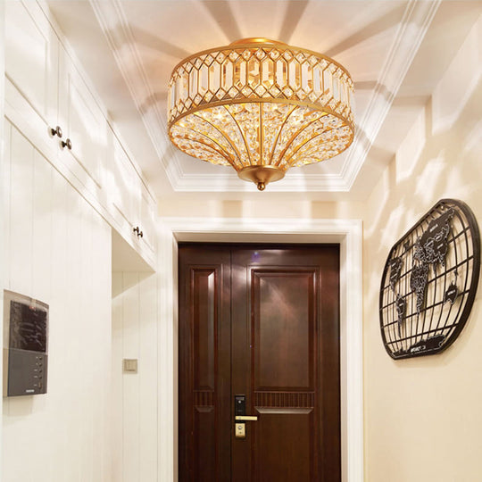 Chinese Style 5-Light Bedroom Ceiling Lamp In Flared Crystal Flush Mount Design - Gold Finish

This