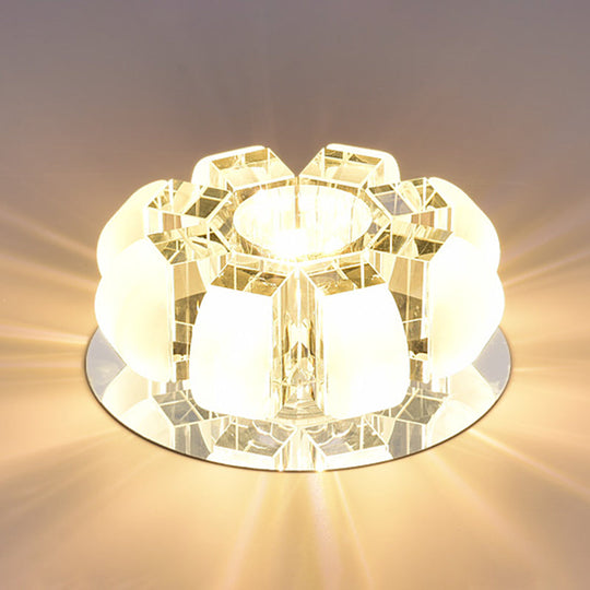 Contemporary Crystal Led Flush Mount Ceiling Light - Clear Floral Design For Entryway Textured White