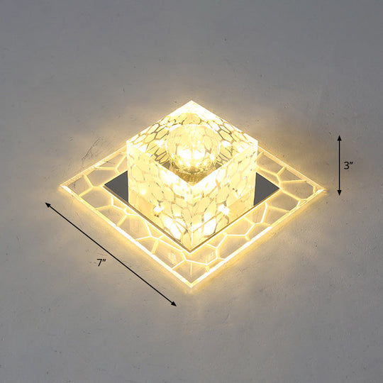 Minimalist Clear Led Crystal Square Flush Mount Lighting For Passage / 7 Warm