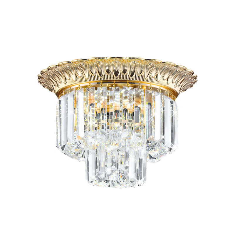 2-Tier Minimalist Crystal Flush Light With Led Golden Indoor Ceiling Lighting 14/16 Diameter