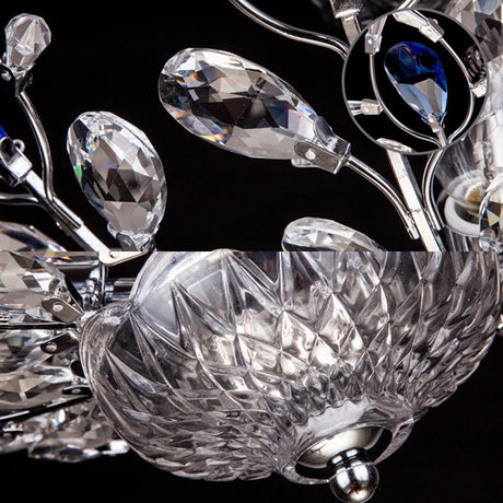 Modern Metallic Peacock Tail Semi Flush Ceiling Light With Crystal Drops - 6 Lights In Gold/Chrome