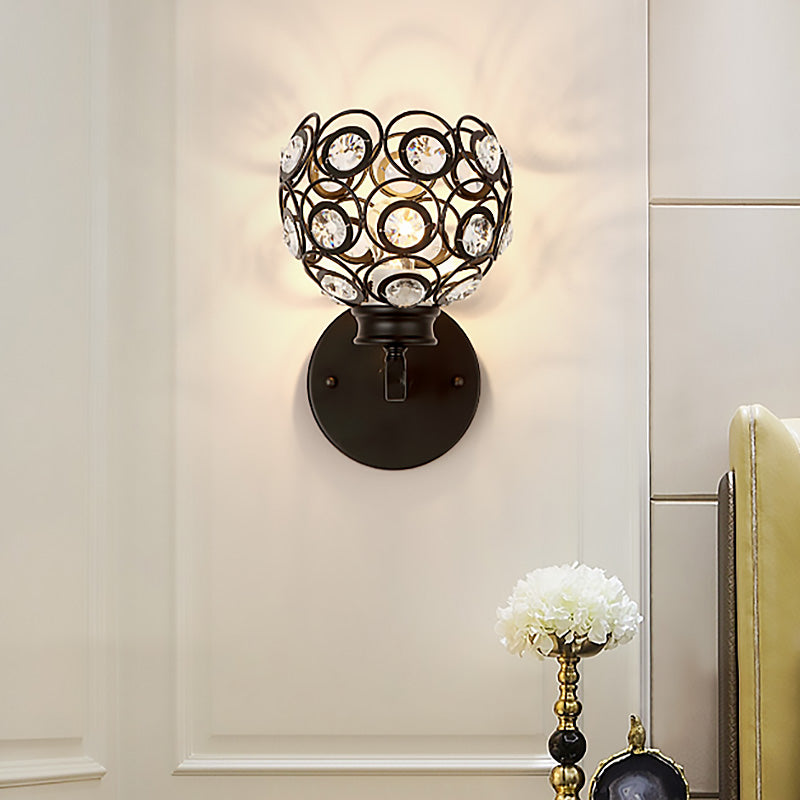 Modern Dome Clear Crystal Wall Lamp With Brass/Black Finish - Ideal Bedroom Lighting