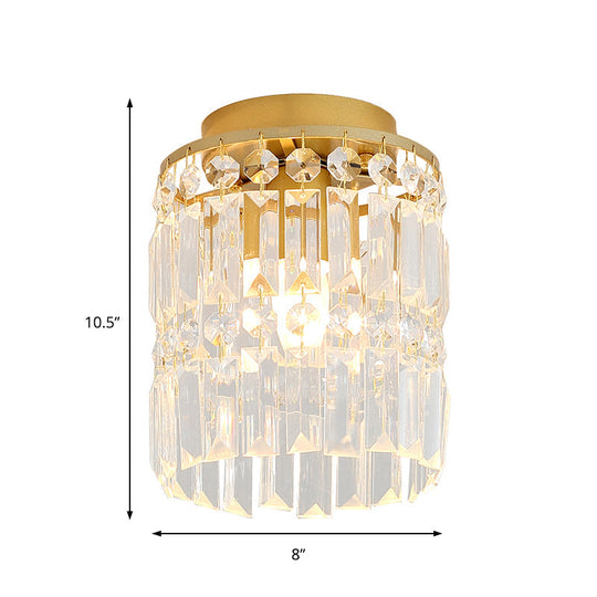 Simple Black/Gold Cylinder Crystal Ceiling Flush Mount - 1-Light Corridor Mini Lamp