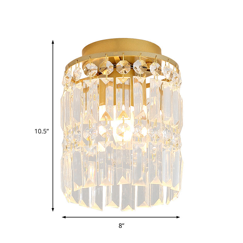 Simple Black/Gold Cylinder Crystal Ceiling Flush Mount - 1-Light Corridor Mini Lamp