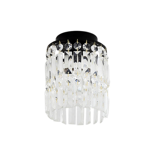 Simple Black/Gold Cylinder Crystal Ceiling Flush Mount - 1-Light Corridor Mini Lamp