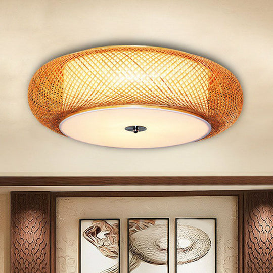 Bamboo Single Curved Drum Flush Mount Ceiling Light - Asia - Inspired Wood Design For Living Room
