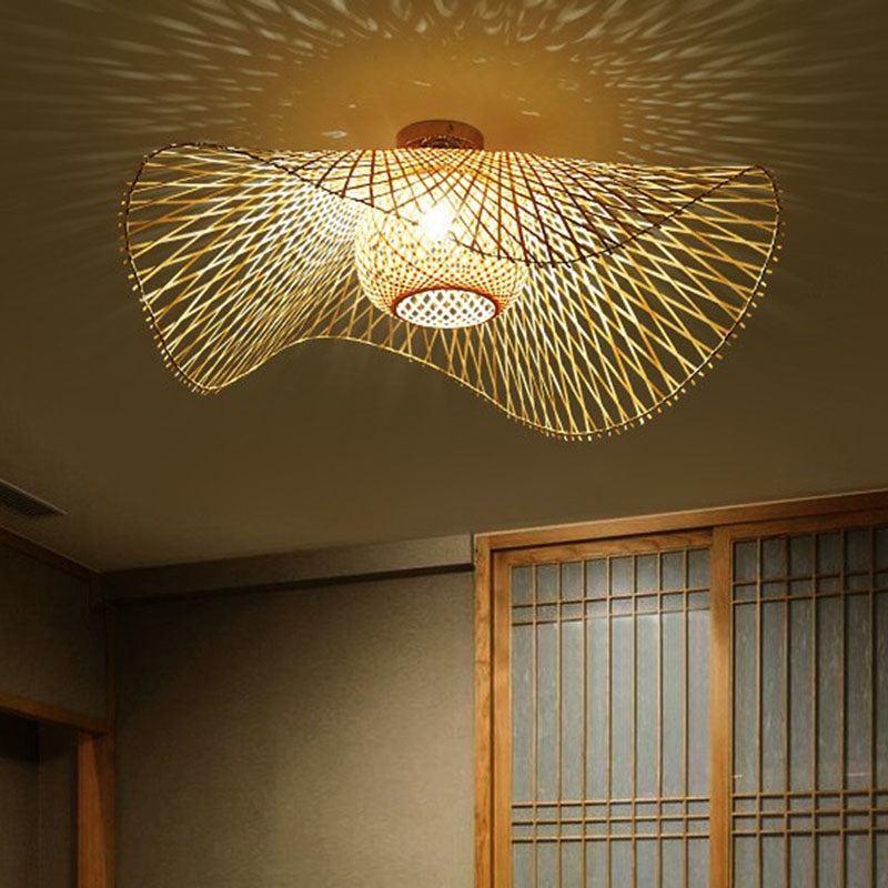 Bamboo Single Wood Flushmount Ceiling Light - South - East Asian Straw Hat Design For Restaurants