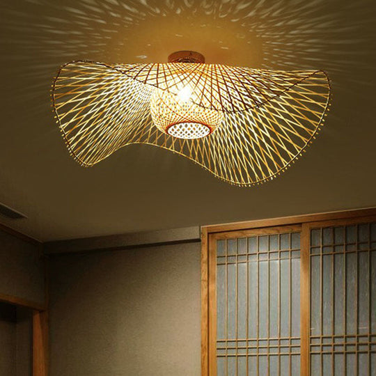 Bamboo Single Wood Flushmount Ceiling Light - South - East Asian Straw Hat Design For Restaurants
